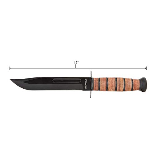 Sheffield Faca de lâmina fixa militar 12693, faca de pino completo de 18 cm, cabo de couro empilhado