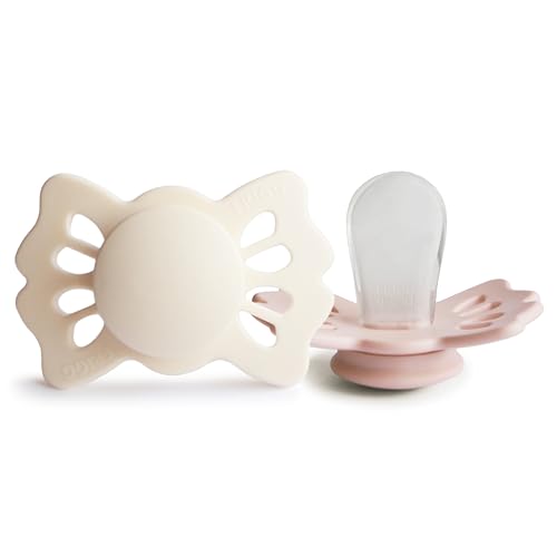 Image of FRIGG Lucky Symmetrical SilkySoft Silicone Baby Pacifier | Made in Denmark | BPA-Free (Cream/Blush, 0-6 Months)