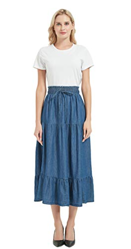 Tronjori Womens A Line Long Midi Chino Denim Skirt Tired Pleated Layers Elastic Waist Front Drawstring2