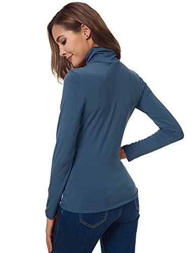 Women Long Sleeve Turtleneck Stretch Slim T Shirt Layer Top Beja Blue Large - Thumbnail 5
