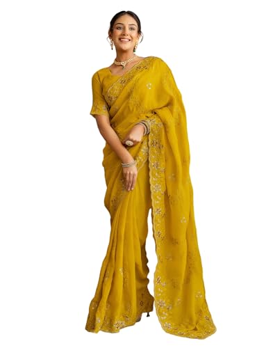 Image of SIRIL Women's Shimmer Chiffon Sequence Embroidery Saree With Unstitched Blouse Piece for Wedding and Parties