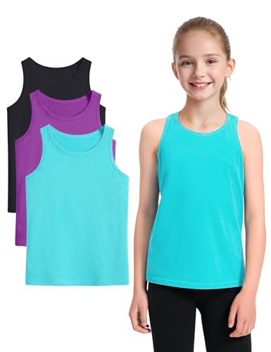 Catálogo de Camisetas interiores deportivas para Niña favoritos de las personas. 43 Auranso - Camisetas sin mangas para niñas, con espalda cruzada, camisetas atléticas de algodón, paquete de 3, Negro-Fuschia-Verde, 11-12 Años