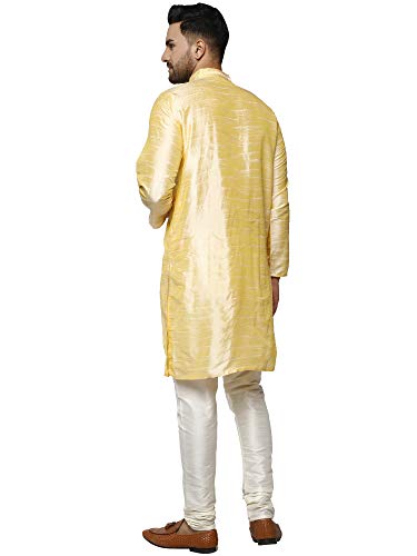 Image of SKAVIJ Men's Dupion Silk Embroidered Kurta Pajama Mandarin Collar Ethnic Motifs Festive Party Dress