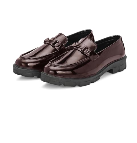 Image of Men's Premium Glossy Black Chunky Sole Loafers with Metal Accent | Fashion Slip-On Formal Casual Shoes