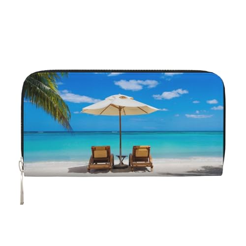 Portefeuille en cuir noir de haute qualité au motif plage tropicale