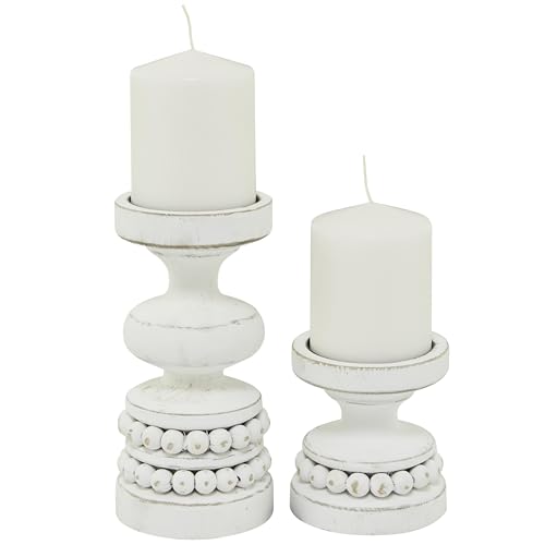 Deco 79 082953 The Novogratz Wood Decorative Candle Holder Beaded Pillar Candle Stand, Set Of 2 Candlestick Holder 8" cover