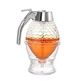 Honey Dispenser with Push Button Top, Food Grade Syrup Dispenser Bottle for Kitchen, Leakproof Liquid Topping Container for Pancake, Coffee, Ice Cream, Home Bakery Supplies