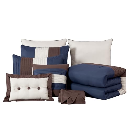 Chezmoi Collection Loft 8-Piece Oversized King Comforter Set, Midnight Blue/Brown/Coffee Cream Luxury Striped Bedding for All Season by Chezmoi Collection - Used condition - Image 9