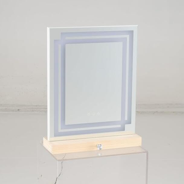 COSTWAY 41 x 50cm Schminkspiegel mit Beleuchtung & Holz Aufbewahrungsbox | LED Kosmetikspiegel mit 3-farbigen dimmbaren Modi, Smart-Touch-Steuerung, Make-up-Spiegel für Schminktisch, Schlafzimmer
