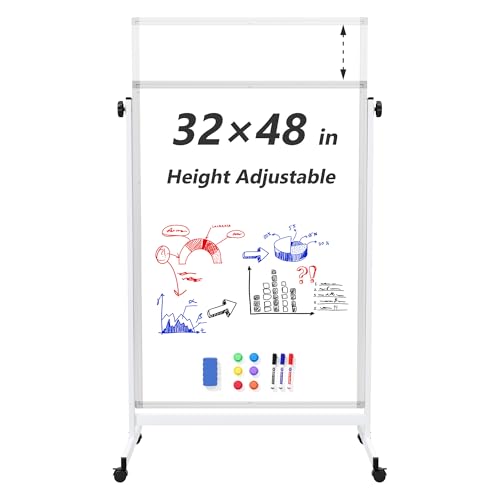 Image of Large Rolling Whiteboard on Wheels, 48 inch x 32 inch Height Adjustable Mobile White Board with Stand, Portable Standing Magnetic Dry Erase Board Easel for Home Office Classroom School, Silver