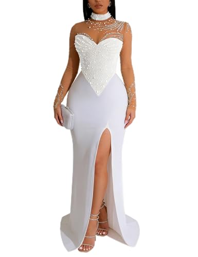 Image of WOKANSE Women's Formal Dresses Mock Neck Sexy Mesh See Through Long Sleeve High Slit Sparkly Rhinestone Prom Dress