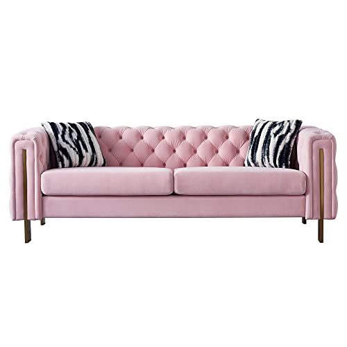 Image of KEIKI 84 inch Chesterfield Velvet Tufted Button Sofa with Removable Cushions and 2 Toss Pillows, Modern 3-Seater Couch with 4 Gold Metal Legs, Easy Assembly, for Living Room, Bedroom, Apartment, Pink