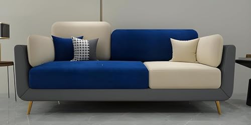 Image of Modern & Luxury Cushioned Couch Relax sectional Sofa in Fabric & Velvet and Heavy Duty Sofa Ideal for bedrooms, Living Rooms, Guest Rooms, Homes, and Office-(3 Seater Blue & Beige).