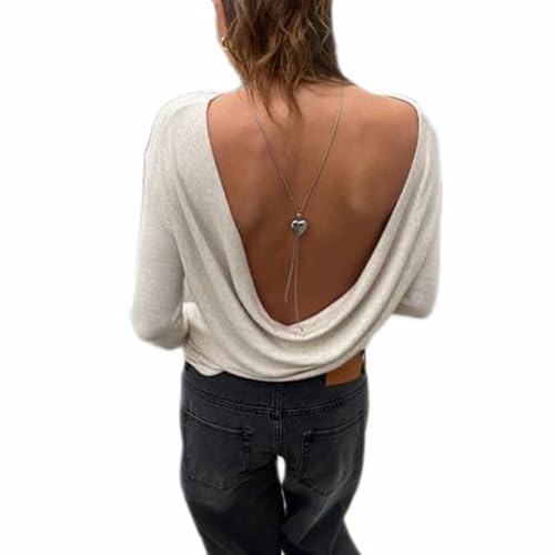 Y2K Top Dos Nu Sexy Femme T-Shirt Ajusté à Manches Longues Haut Léger Casual Blouse Chic à Col Bateau Y2K Streetwear Clubwear (Blanc, S)