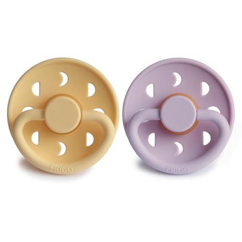 Image of FRIGG Moon Natural Rubber Baby Pacifier | Made in Denmark | BPA-Free (Soft Lilac /Daffodil, 6-18 Months) 2-Pack