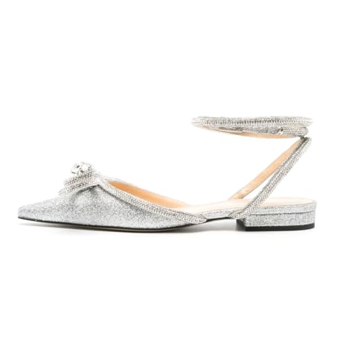 Arqa Double Bow Crystal Embellished Flats Women's Rhinestone Ankle Straps Ballet Flat Pointed Toe Bows Ballerina Shoes