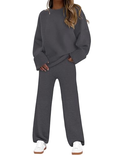 ANRABESS Womens Pajama Sets Fuzzy Fleece 2 Piece Long Sleeve Sweater Knit Top Wide Leg Pants Lounge Pj Set 2025 Fall Outfits