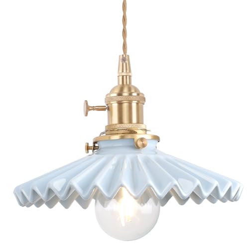 Image of Shenmoyl Pendant Light with Blue Pleated Ceramic Lmapshade, Brass Vintage Pendant Light Adjustable Hanging Light for Kitchen Island Dining Room Hallway