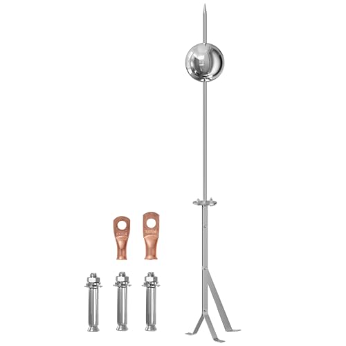 Lightning Rod High-Reaching Lightning Rod Kit Lightning Protection Equipment System for Roof Pole Top House Tower Tank Roof Safety (Flattop Mount 1 Ball with Height Enhanced Bracket)