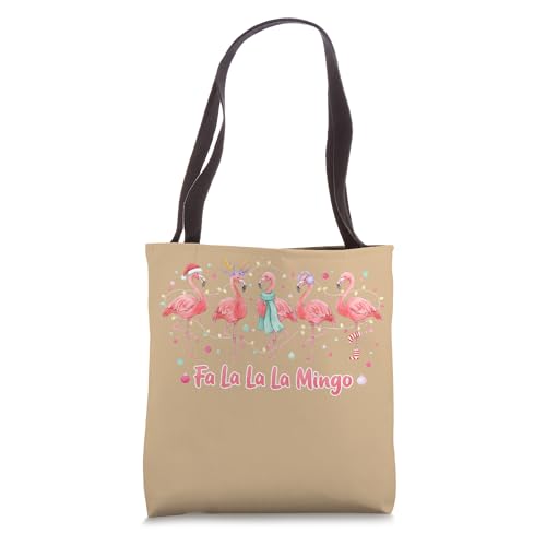 Bolso tote navideño con flamingos cantando 'Fa La La La Mingo', diseño festivo con gorros de Papá Noel y astas de reno miniatura 1