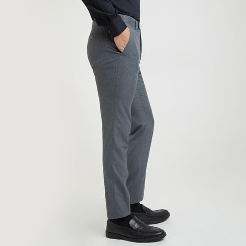 Image of Raymond Men's Mid Rise Slim Fit Stripe Pattern Polyester Blend Flat Front Formal Trouser