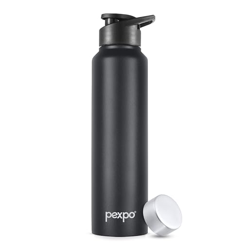 Go24 pexpo Water Bottle 1 ltr Stainless Steel Sports/Fridge Bottle with Dual Cap | Single Wall | For Home, Office, Gym, Travelling | Lightweight | BPA Free | Chromo 950ml |Knight Black