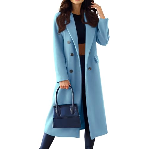 Pea Coats For Women Classic Notch Lapel Double Breasted Trench Coat Warm Open Front Long Sleeve Overcoat Wool Blend Long Jacket Outerwear Chic Winter Coats With Pockets(A-Light Blue,M)