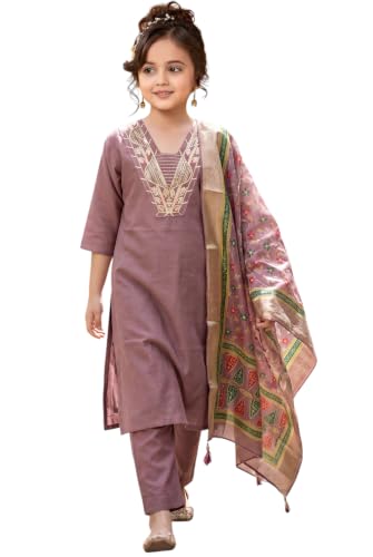 Image of Girls Cotton Blend Embroidered Kurta Pant with Printed Banarasi Style Dupatta Set | Festive Ethnic Wear for Kids | Traditional Suit Set for Girls (4-14Years)