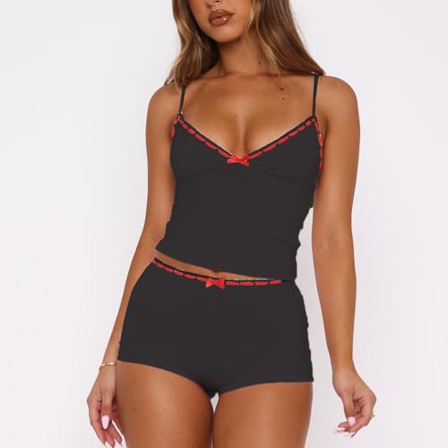 Image of Yuemengxuan Women Two Piece Outfits Y2k Boy Shorts Set Sleeveless Crop Top Button Down Shorts Set Loungewear Pajamas Set