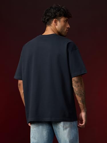 Image of The Souled Store FCB: Men and Boys Short Sleeves Round Neck Casual Lightweight Drop Shoulder Streetwear Trendy Oversized T-Shirts Black