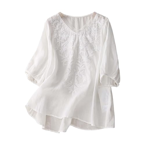 Leinenbluse Damen Sommer Kurz Leinenhemd Damen Mittelalter 3/4 Arm...