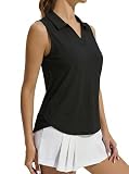 PINSPARK Camiseta Sin Mangas Deportiva Polo Sin Mangas para Mujer Camiseta para Correr De Secado Rápido Polo De Verano Camiseta UPF 50+ UV Camisetas Transpirables para Fitness Golf Tenis Negro L