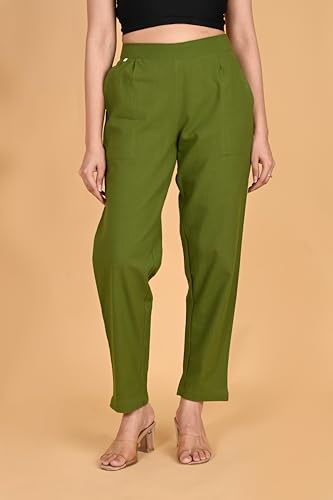 Image of Women's Solid Straight Fit 100% Cotton Trousers | High Waist, Side Pockets, Ankle Length Pants for Office, Casual