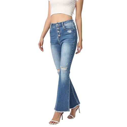 Women High Rise Boot Cut Jeans Ripped Stretchy Flared Denim Pants4