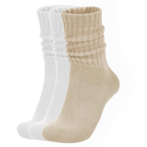 Image of Womens Slouch Socks Cotton Calf Socks Cream Scrunchy Retro Solid Crew Socks