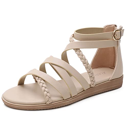 Women's Cross Strappy Sandals Summer Flat Roman Sandal Ankle Strap Shoes Sandals Beach Poolside Travel (Color : Apricot, Size : 9.5-10 US)