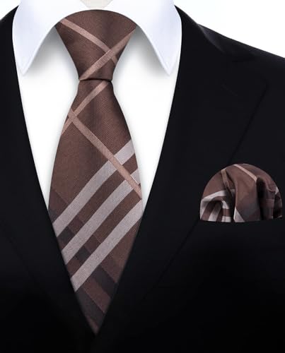 Image of HISDERN Ties for Men Formal Business Plaid Checked Mens Ties and Pocket Square Set Classic Wedding Necktie Handkerchief