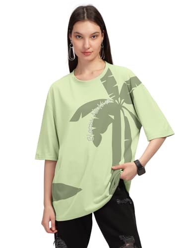 Image of HELLCAT Beige Trendy Printed Oversized T-Shirt for Women
