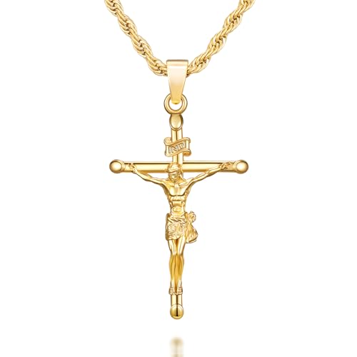 NORBU 18K Gold over S925 Crucifix Necklace for Men with Rope/Cuban Chain, Catholic Jesus Cross Pendant, Men's Religious Gift for Easter Christmas