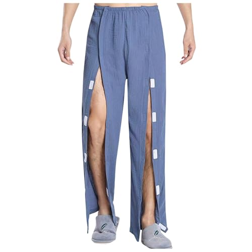 Generisch Pantalones de rehabilitación para hombre, laterales con aberturas laterales, pantalones de entrenamiento con botones de presión laterales, pantalones de pijama postoperatorios, pantalones de