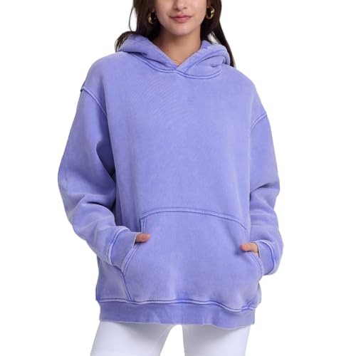 Image of FAIABLE Womens Oversized Acid Wash Hoodie Unisex Heavyweight Cotton Hoodies Fleece Vintage Washed Sweatshirt Women Men