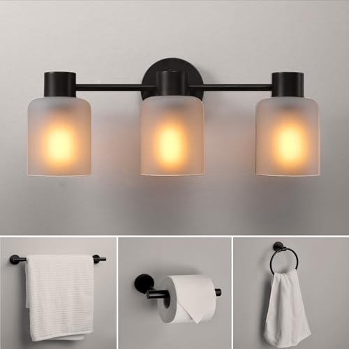 Image of Globe Electric 4-Piece All-in-One Bathroom Set, Matte Black, 3-Light Vanity Light with Frosted Glass Shades, Towel Bar, Toilet Paper Holder, Towel Ring