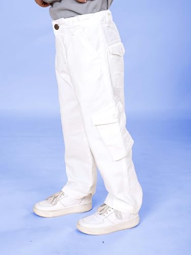 Image of KiddoPanti Boys Cargo Pants | 100% Cotton Twill | Comfortable Regular Fit | Elastic Waistband & Zip Fly | 6 Pocket Lower for Kids | Full-Length Casual Wear