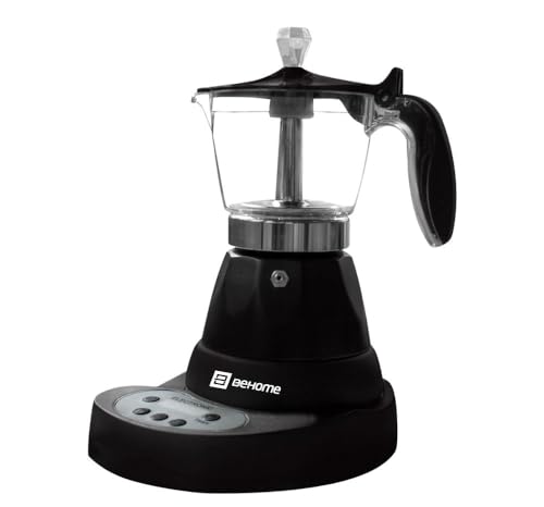 BEHOME Caffettiera Elettrica Programmabile Moka Elettrica 3 Tazze con Timer, Caffè Caldo per 30 Minuti, Base Rotante a 360°, in Alluminio Nera (Con Timer)
