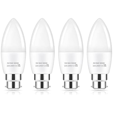 EvaStary B22 Bayonet Candle Bulbs, C37 LED 5W Bayonet Candle Cap, B22 LED Bayonet Light Bulb 40W Equivalent, Warm White 3000K, Non-Dimmable Energy Saving Light Bulbs for Home Lighting, 4 Pack Cover