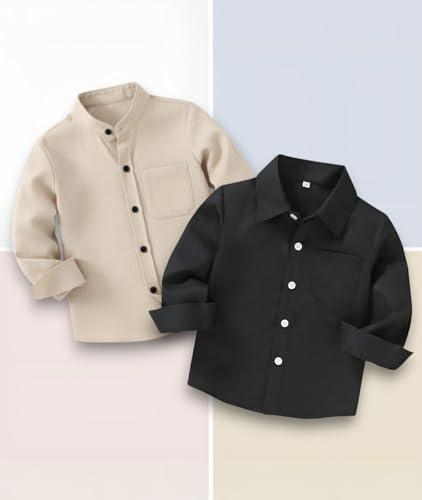 Image of Boys Mandarin Collar Shirt with Chest Pocket Beige and Rama Blue Color, Long Sleeve Button-Down Casual Shirt Pack of 2