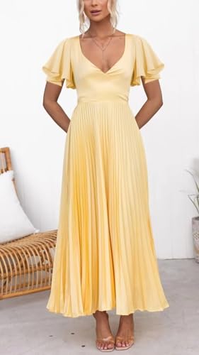 Women's Satin Bridesmaid Dresses for Wedding with Short Sleeve V-Neck Flowy Formal Maxi Dress Floor Length HM1513