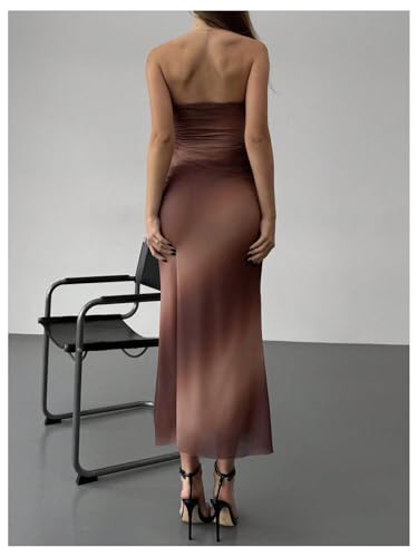 Image of GORGLITTER Women's Sunset Ombre Strapless Cocktail Bridal Shower Midi Dress | Orange Wedding Guest Dress, Mesh Tube Dress, Bridesmaid Dresses, Vacation Beach Sundresses,