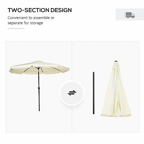 Outsunny 9Ft Patio Umbrella With Push Button Tilt And Crank, Ruffled Outdoor Market Table Umbrella With Tassles And 8 Ribs, For Garden, Deck, Pool, Cream White #TOP7