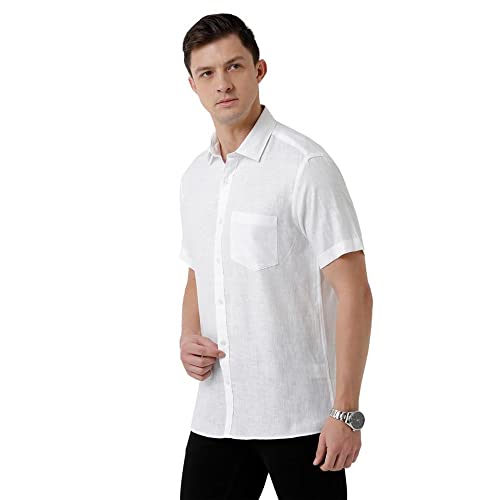 Image of Linen Club Men's Pure Linen White Solid Slim Fit Half Sleeve Casual Shirt